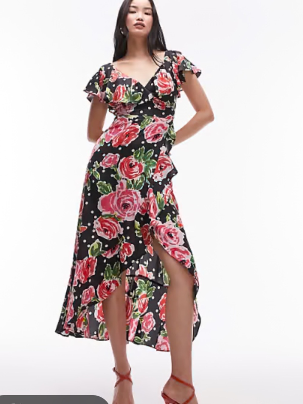 👗Topshop Black Maxi wrap Dress with Pink & Red Rose Print